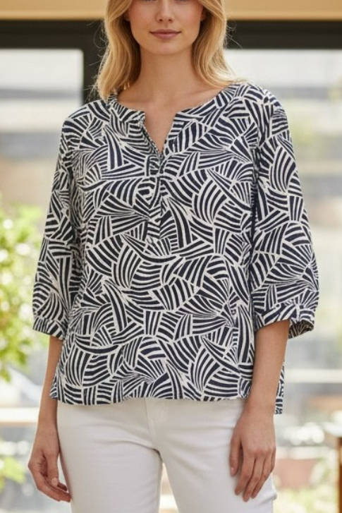 Woman wearing printed tops with product details on a grid layout.