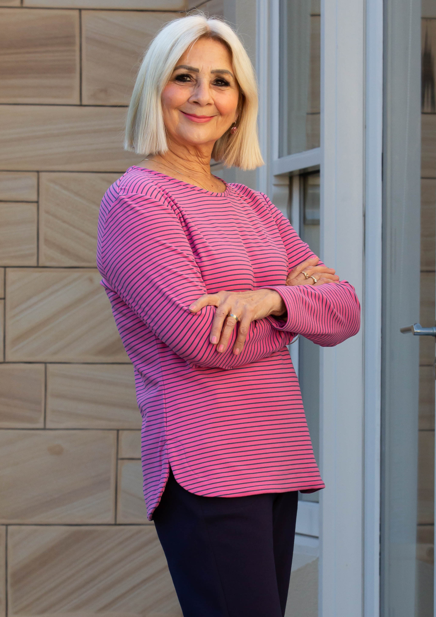 Long Sleeve Stretch Jersey Stripe Top - Pink #102