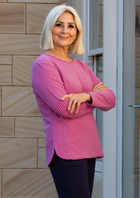 Long Sleeve Stretch Jersey Stripe Top - Pink #102