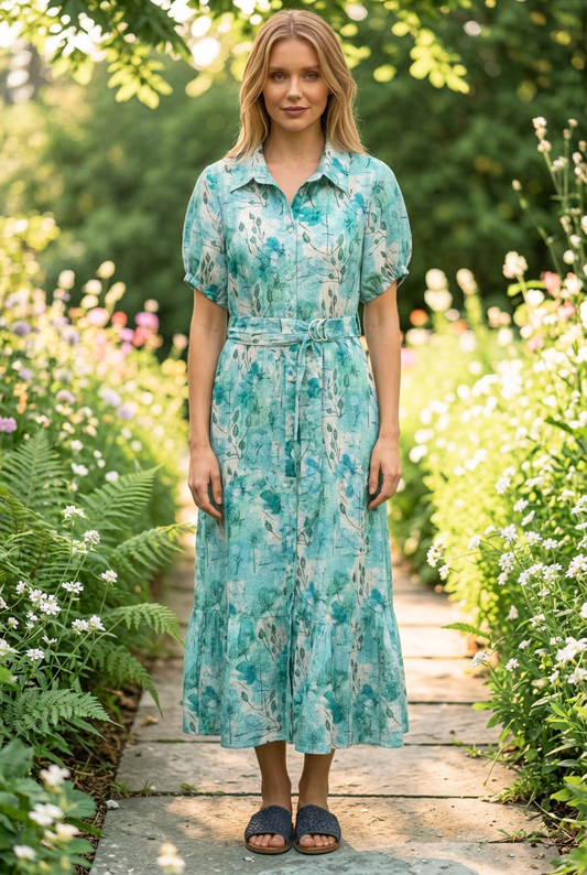 A woman stands on a stone path in a lush garden wearing a short-sleeve collared midi dress with a blue and green abstract floral print and a matching tie belt. She is wearing dark blue slide sandals.