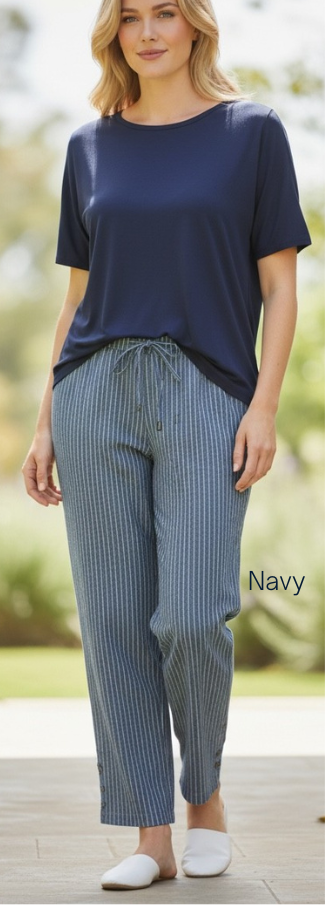 Drawstring Stripe Cotton Pants #6544