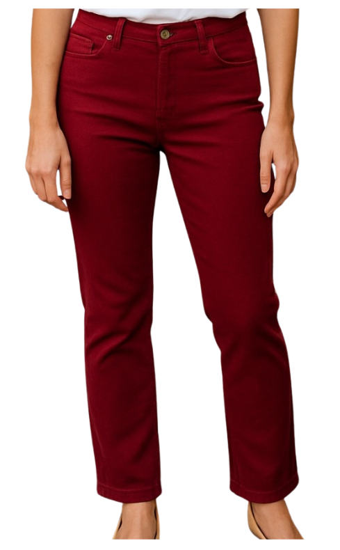 Red jeans displayed on a white background with text indicating 'Winter 2026' and 'Jeans'.