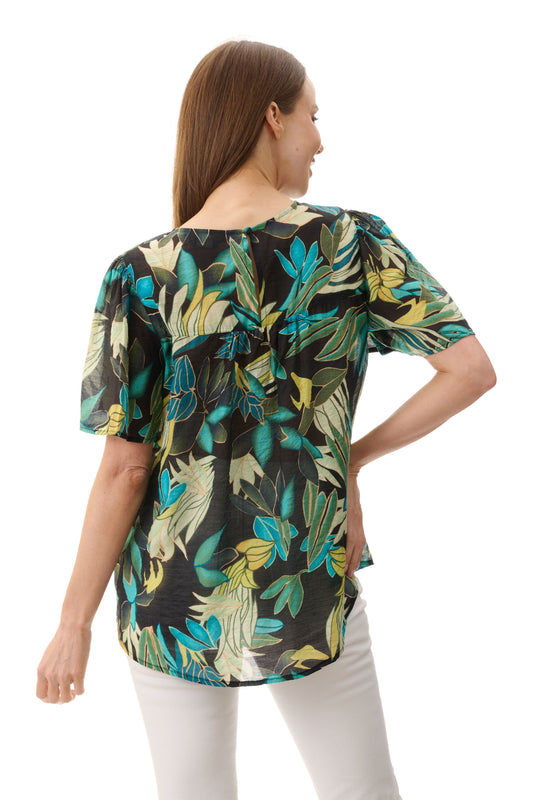 Givoni Holly Green multi print flounce sleeve top 6MB04H