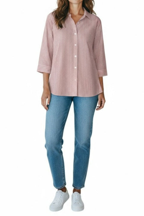 Relaxed Stripe 100% Cotton 3/4 sleeve Shirt #3360 Pink
