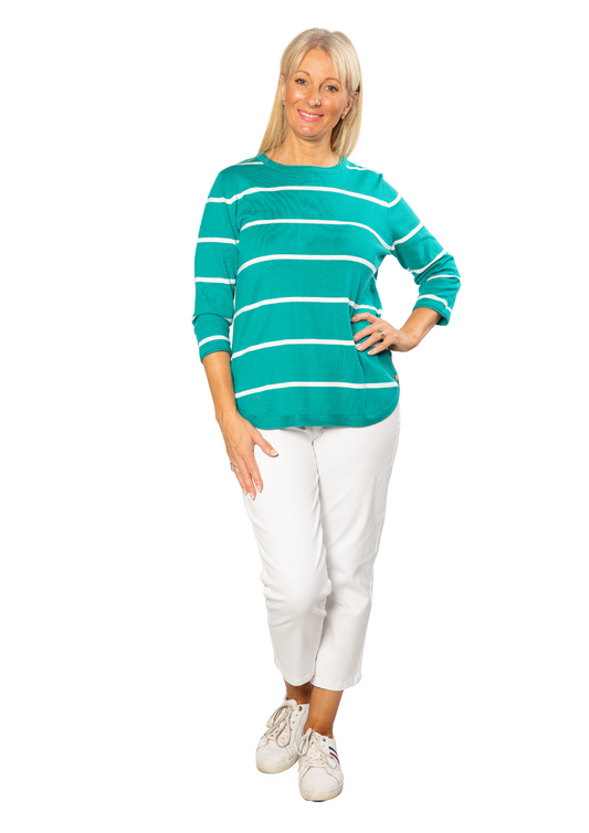 100% Cotton Stripe 3/4 Sleeve Light Weight Summer Knit #5018 - Teal/White