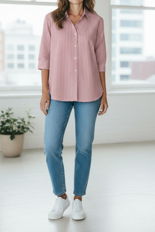 Relaxed Stripe 100% Cotton 3/4 sleeve Shirt #3360 Pink