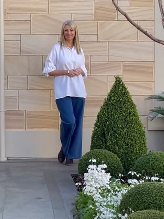 Relaxed Top with ruffle trim mandarin collar and half placket opening #3601 White