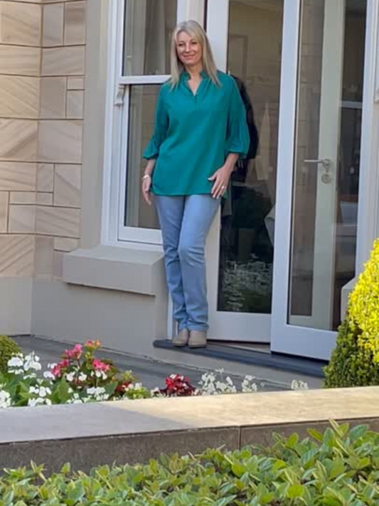 Relaxed Top with ruffle trim mandarin collar and half placket opening #3601 Emerald