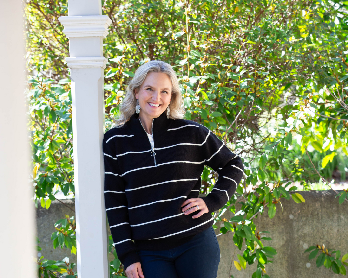 Stripe Soft Knit Ribbed Zip Neck Opening #5320 Black/White