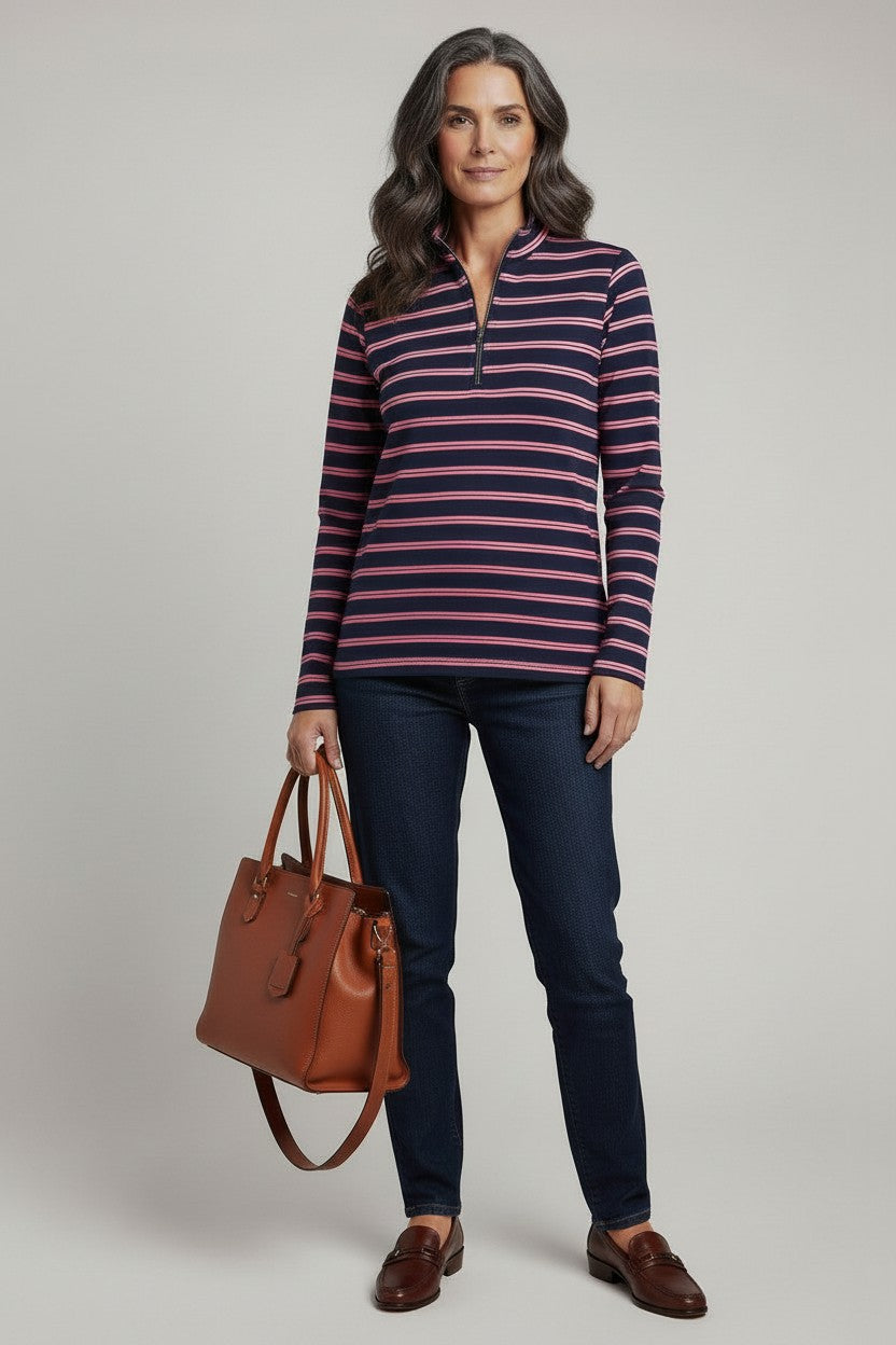 Cotton Stripe Knit Polo Top with half zip opening #297 Navy/Pink