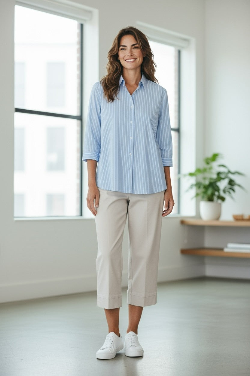 Relaxed Stripe 100% Cotton 3/4 sleeve Shirt #3360 Blue