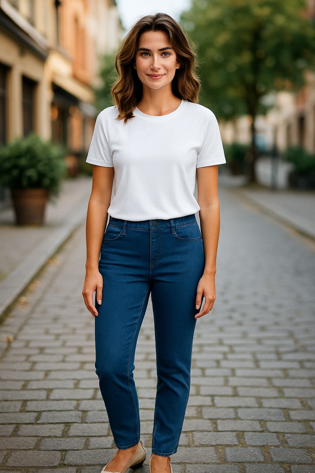 Flat Front Pull-on Capri Stretch Denim Jean #6920 Stonewash
