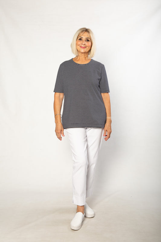 Stretch Short Sleeve round neck Yarn Dyed Stripe T-Shirt #147 - Navy/White