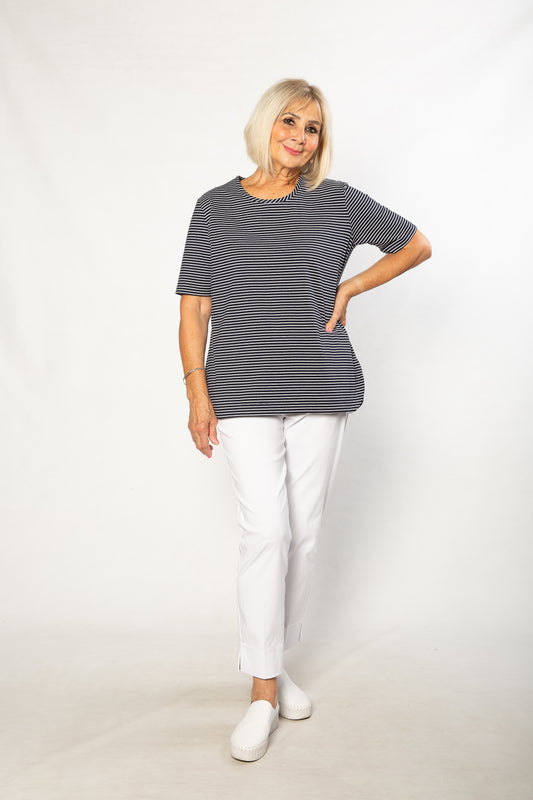 Stretch Short Sleeve round neck Yarn Dyed Stripe T-Shirt #147 - Navy/White