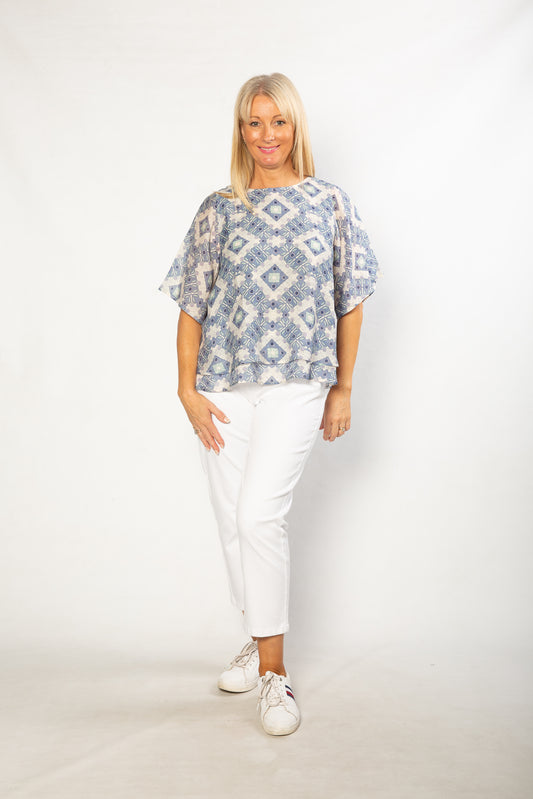 Flutter Sleeve Layered Print Top - #352 Blue