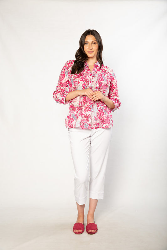 100% Cotton French Floral Print 3/4 sleeve Shirt #3321  Pink