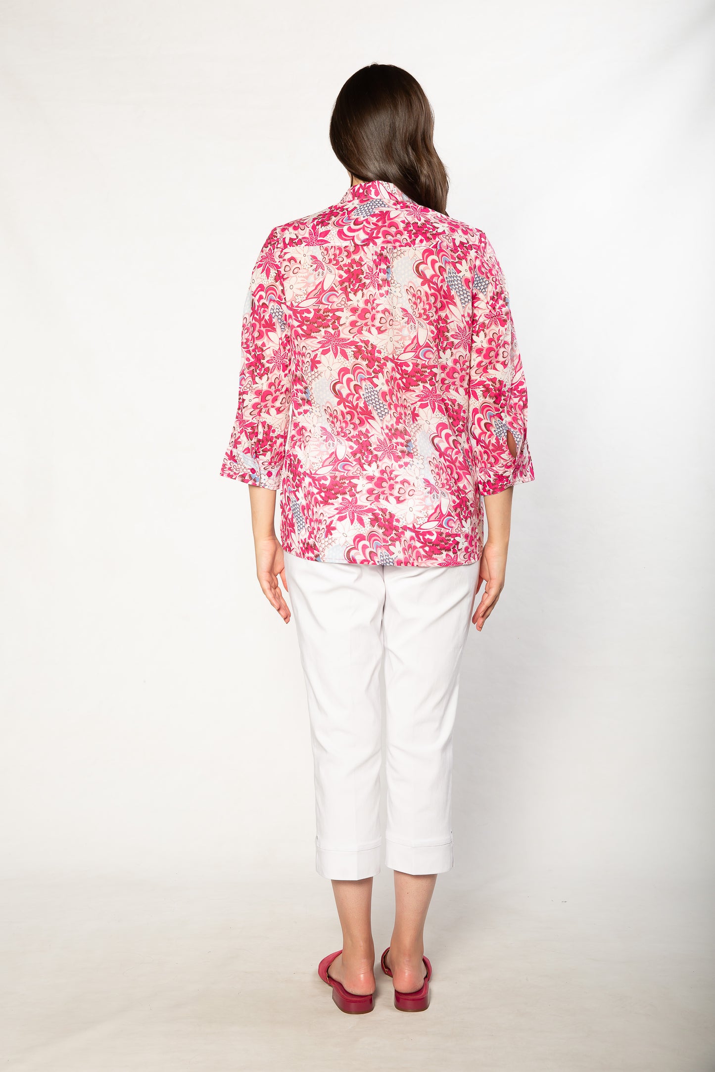 100% Cotton French Floral Print 3/4 sleeve Shirt #3321 Pink
