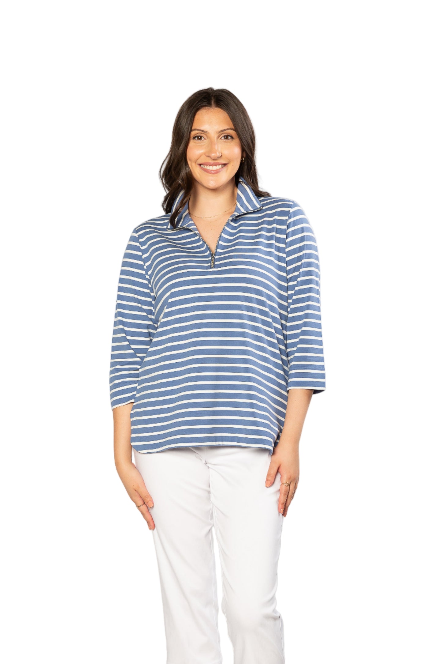 Half-zip Yarn dyed Stripe Polo Top #232 - Pink