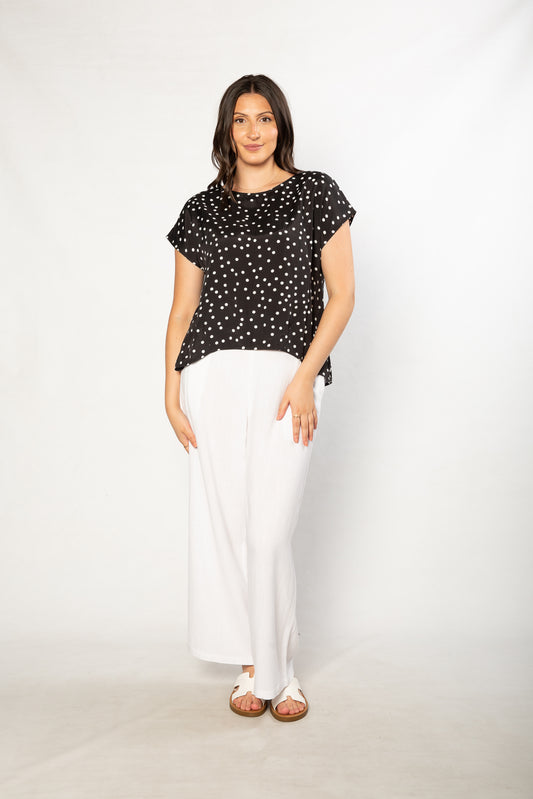 Spot Print Cap sleeve Top with curved hem and notch neck - #616 Black/White