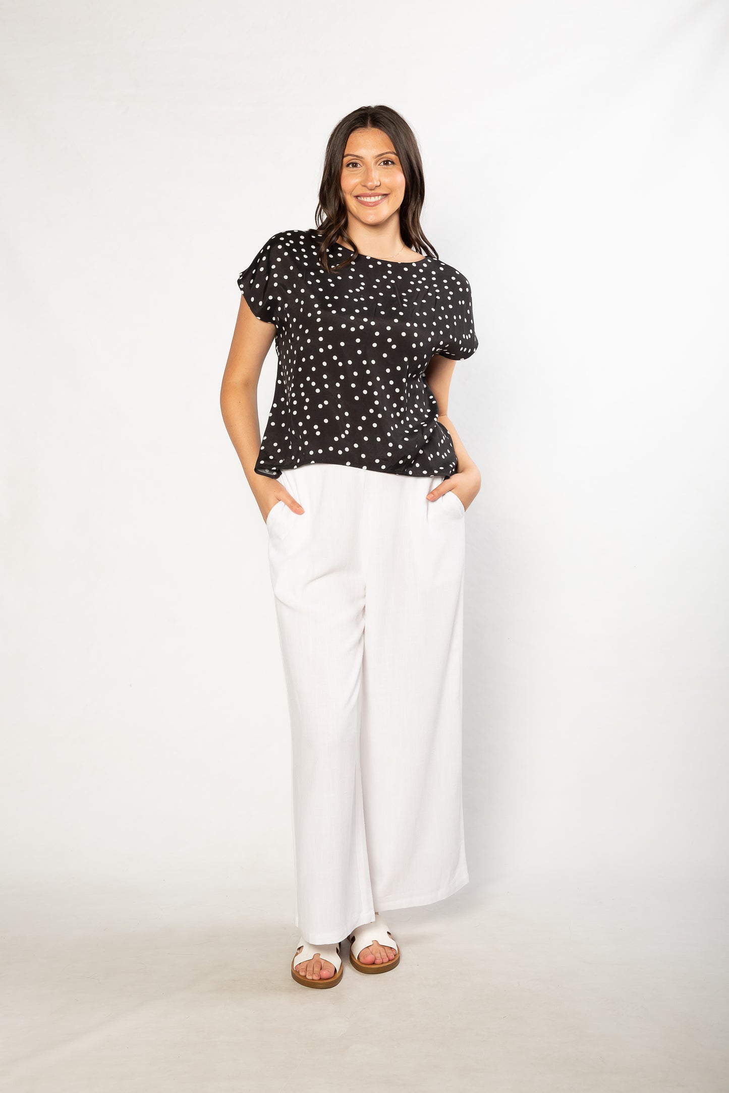 Spot Print Cap sleeve Top with curved hem and notch neck - #616 Black/White