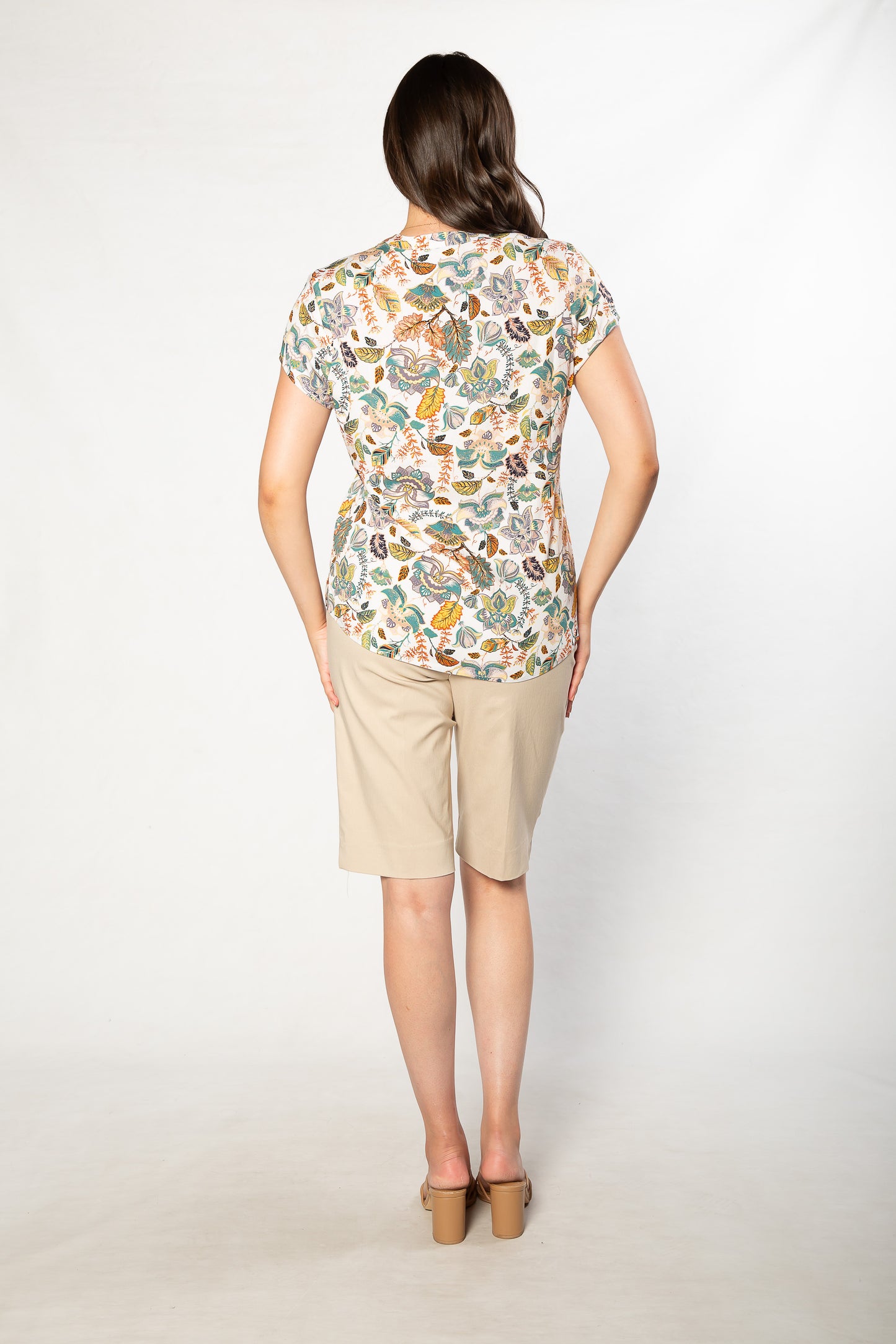 Mandarin Collar Cap Sleeve Pop-over Printed Top - 327 Multi