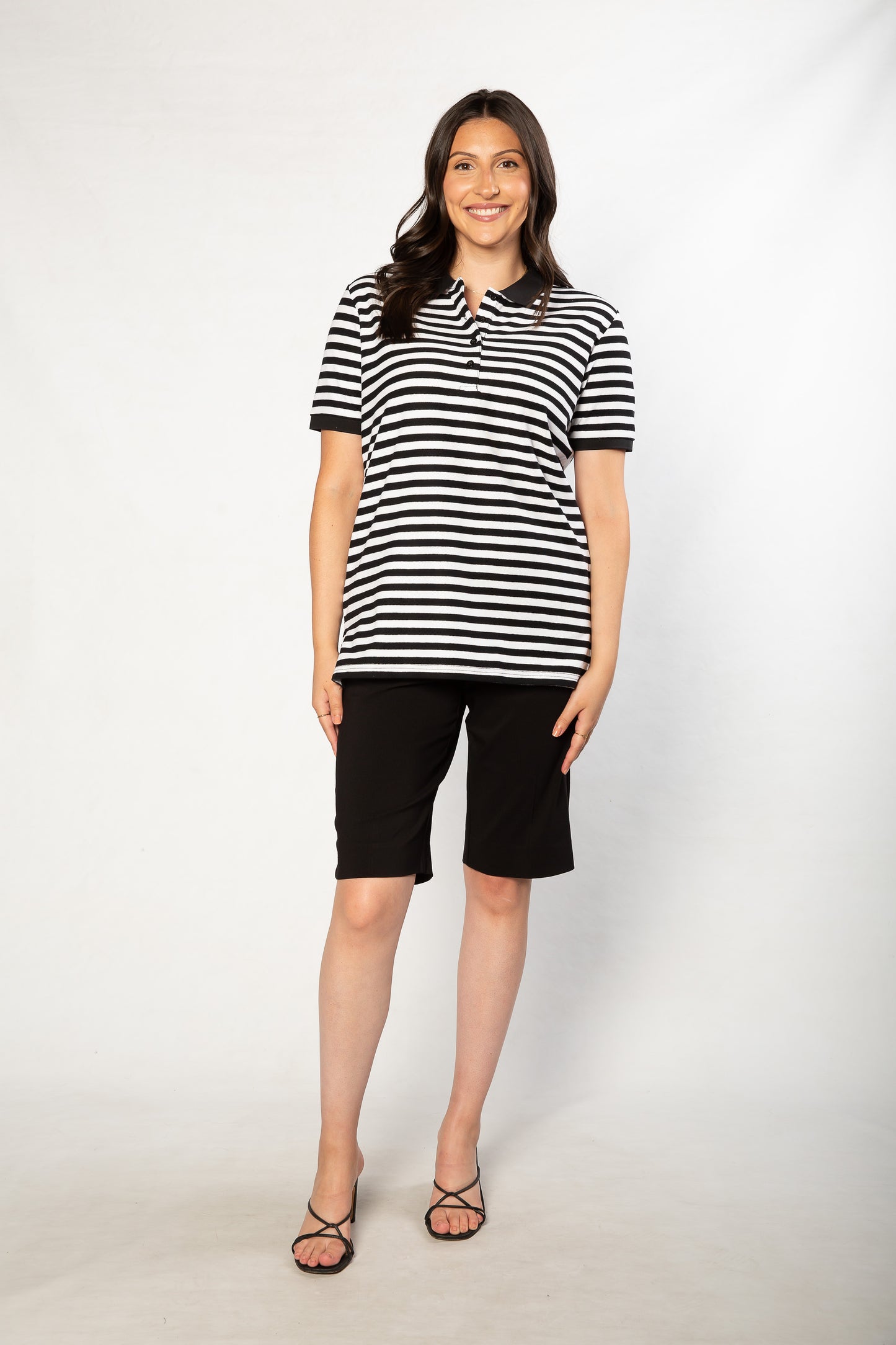 Short sleeve cotton piquet stripe polo with contrast collar #31 - Black