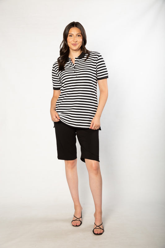 Short sleeve cotton piquet stripe polo with contrast collar #31 - Black