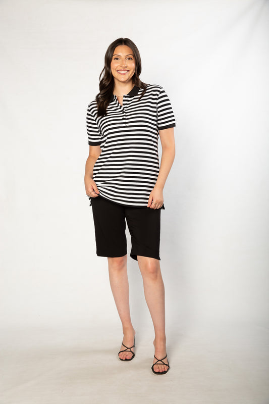 Short sleeve cotton piquet stripe polo with contrast collar #31 - Black