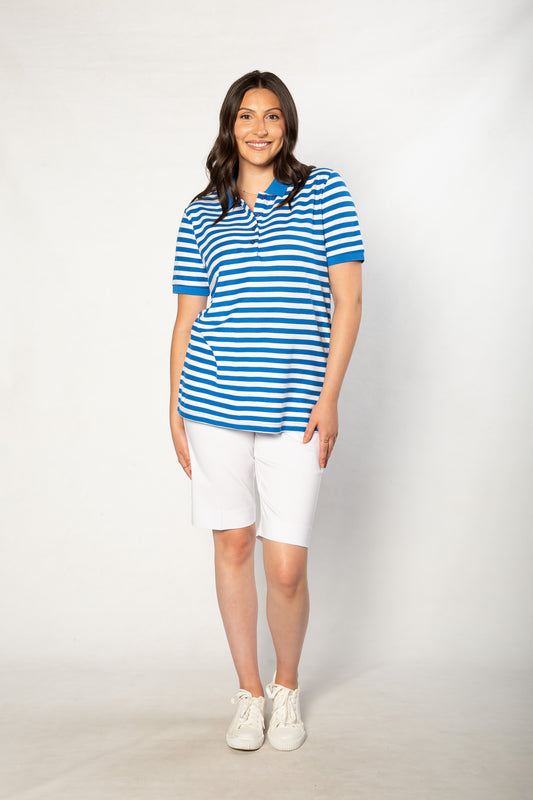 Short sleeve cotton piquet stripe polo with contrast collar #31 - Blue