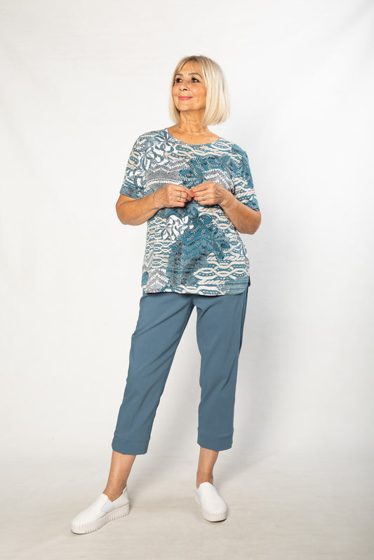 Printed Stretch Short Sleeve T-Shirt #159 - Teal/Sand