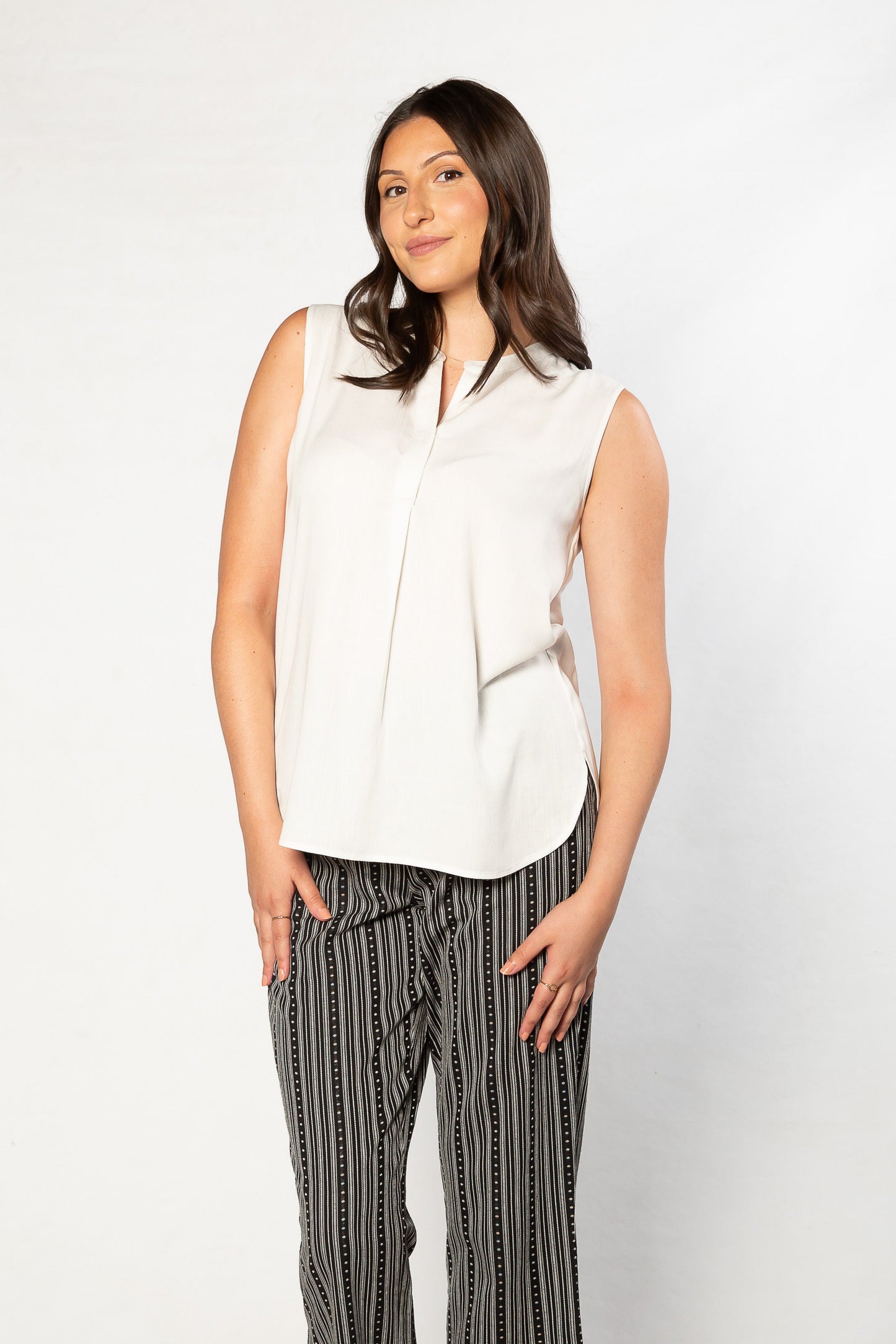 Drop Neck Front Pleat Sleeveless Pop-over Top - #384 Black