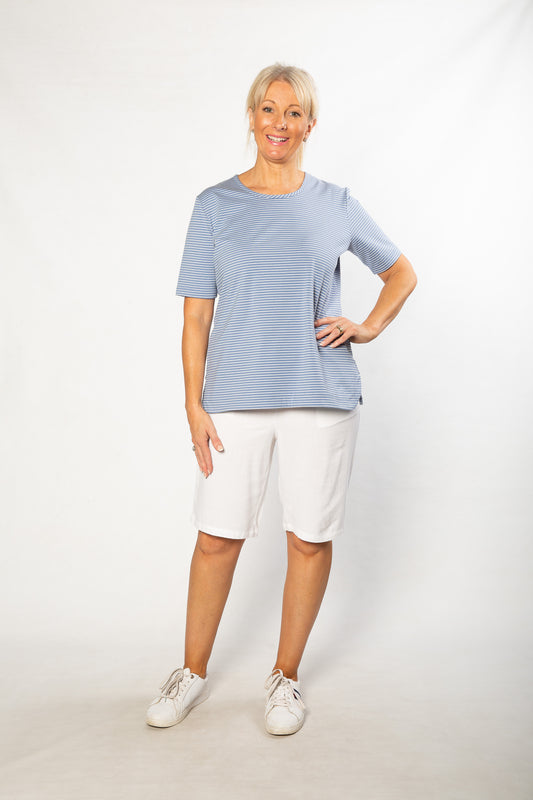 Stretch Short Sleeve round neck Yarn Dyed Stripe T-Shirt #147 - Blue/White