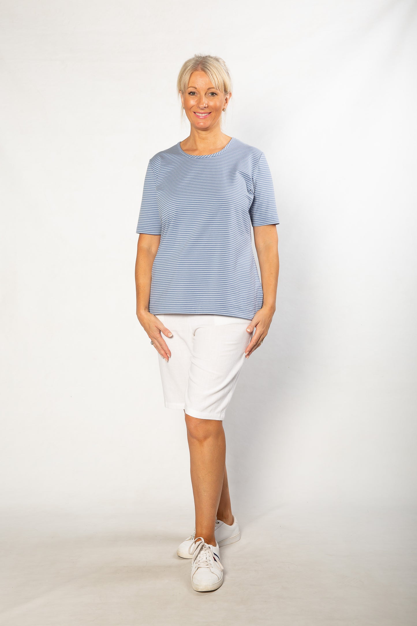 Stretch Short Sleeve round neck Yarn Dyed Stripe T-Shirt #147 - Navy/White