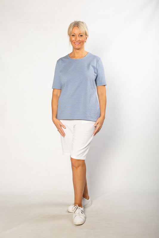 Stretch Short Sleeve round neck Yarn Dyed Stripe T-Shirt #147 - Blue/White