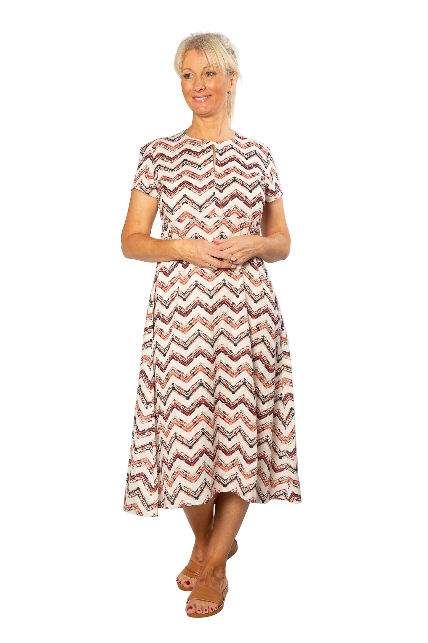 Cotton blend Key-hole zig zag print Dress with short sleeve 7250 Green