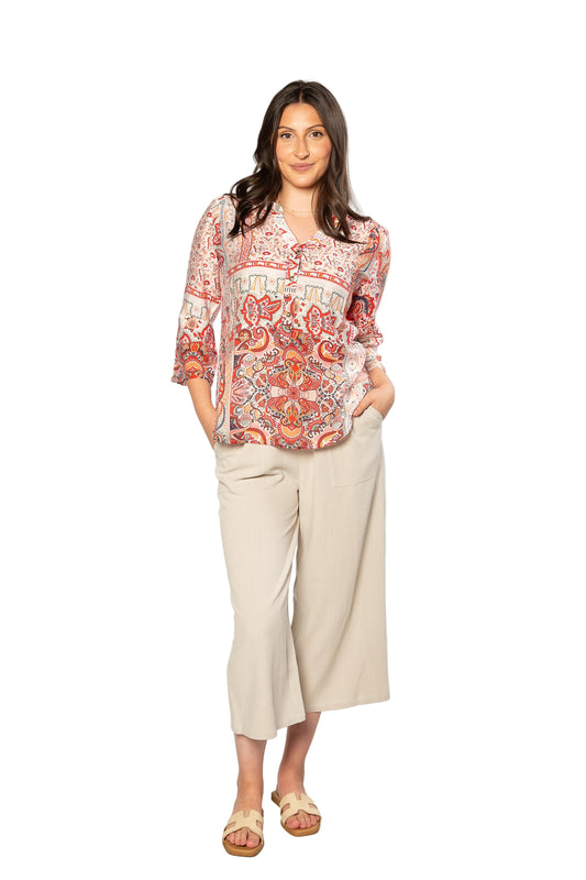 Mediterranean Print 3/4 Sleeve Henley Shirt 506 Red