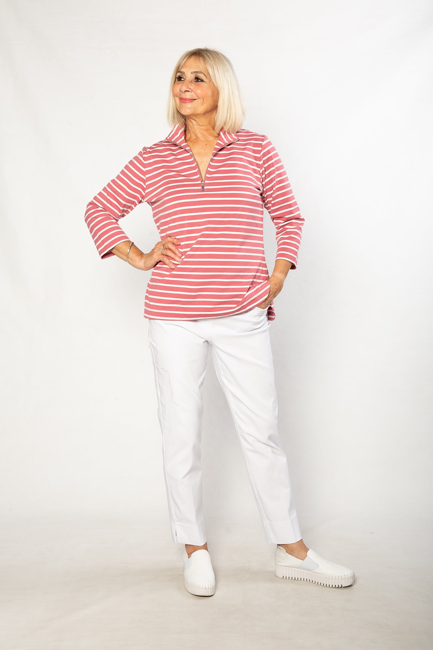 Half-zip Yarn dyed Stripe Polo Top #232 - Pink