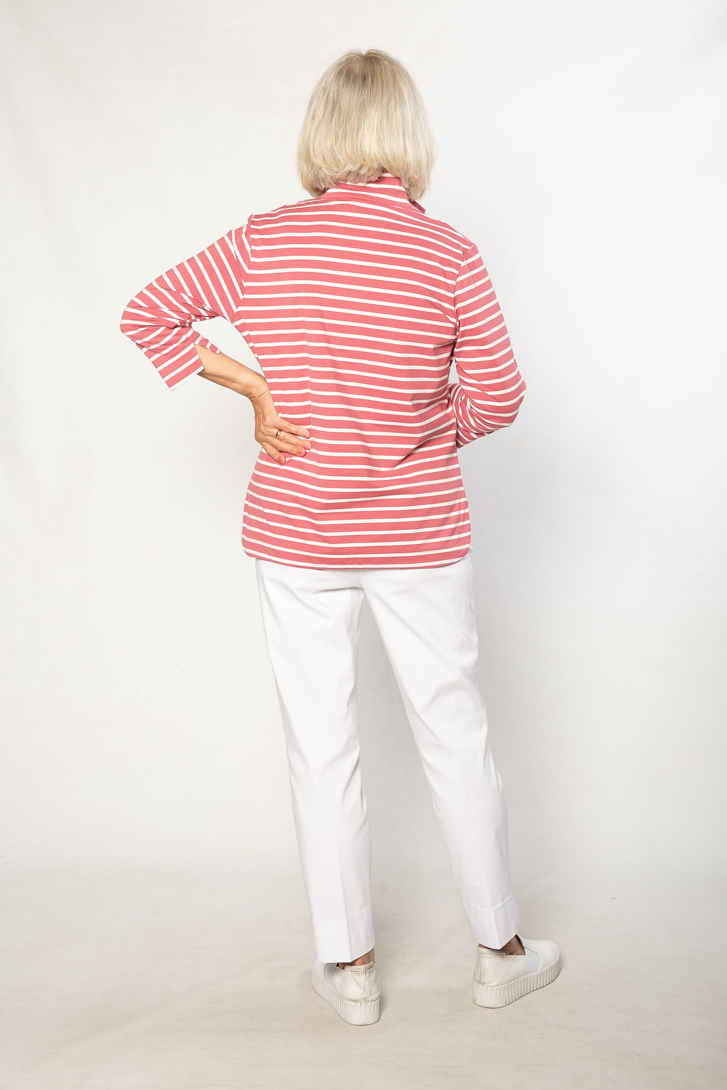 Half-zip Yarn dyed Stripe Polo Top #232 - Pink