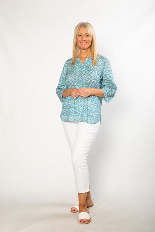 100% Cotton Ikat Printed Tunic 3/4 sleeve Top #539