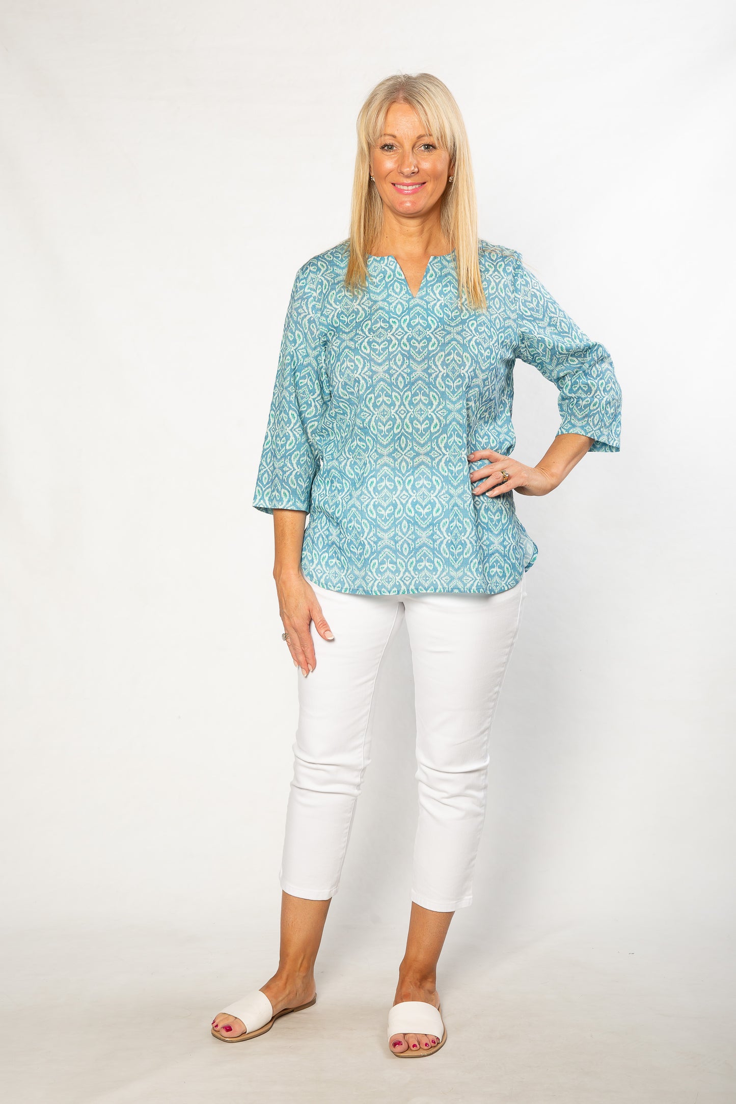 100% Cotton Ikat Printed Tunic 3/4 sleeve Top #539