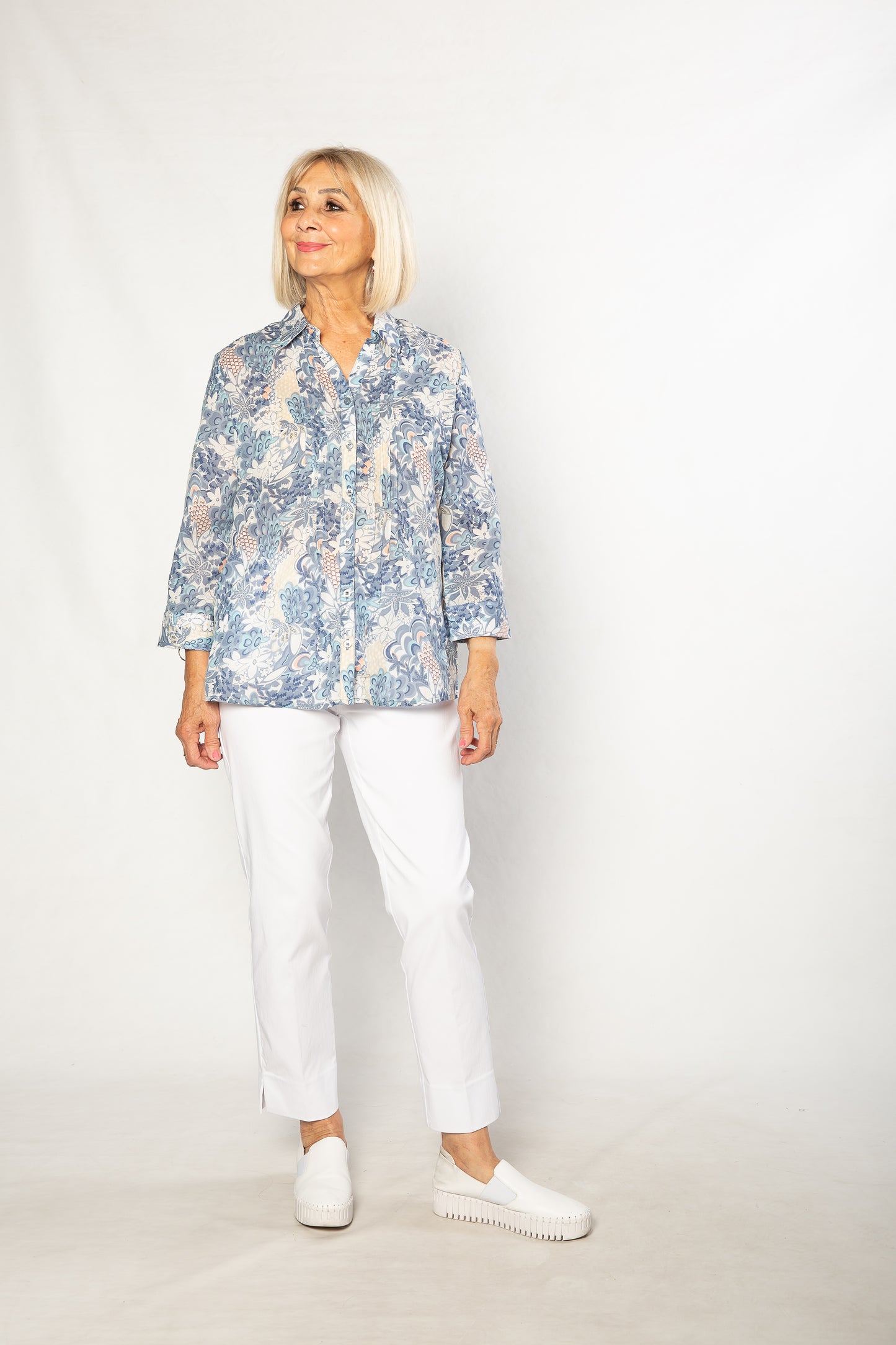 100% Cotton French Floral Print 3/4 sleeve Shirt #3321 Blue