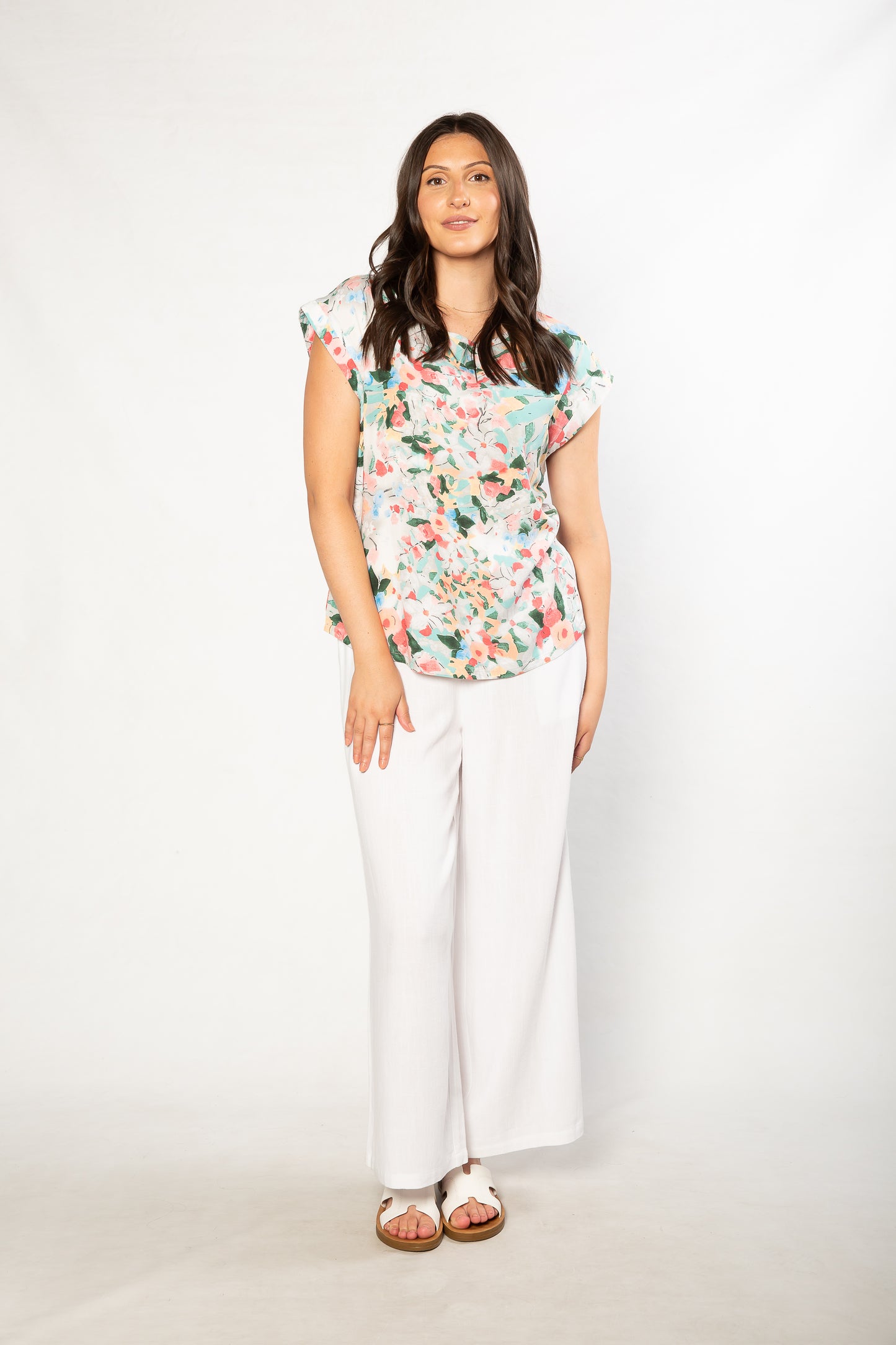 Spring Bouquet Print Extended Shoulder Top - #402