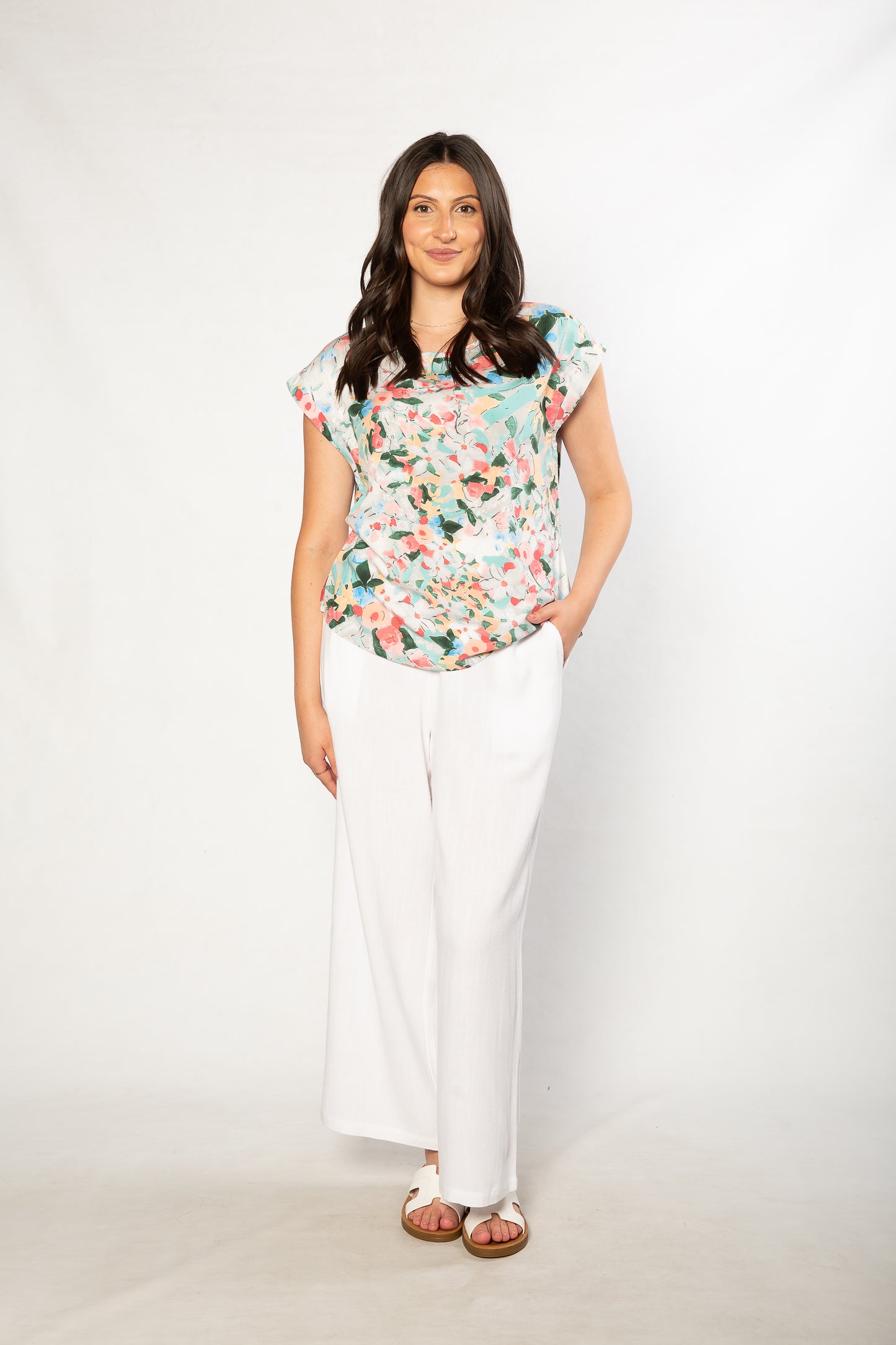 Spring Bouquet Print Extended Shoulder Top - #402