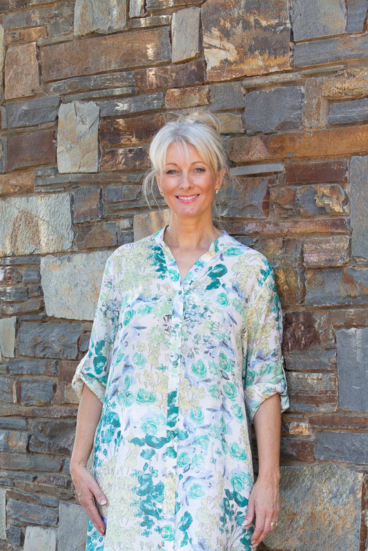 Soft Gorgeous Floral print Tab Sleeve Overshirt #3559 Green