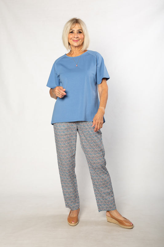 Print pants with slant pockets and Elastic waist #6282 Blue