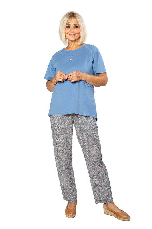 Print pants with slant pockets and Elastic waist #6282 Blue