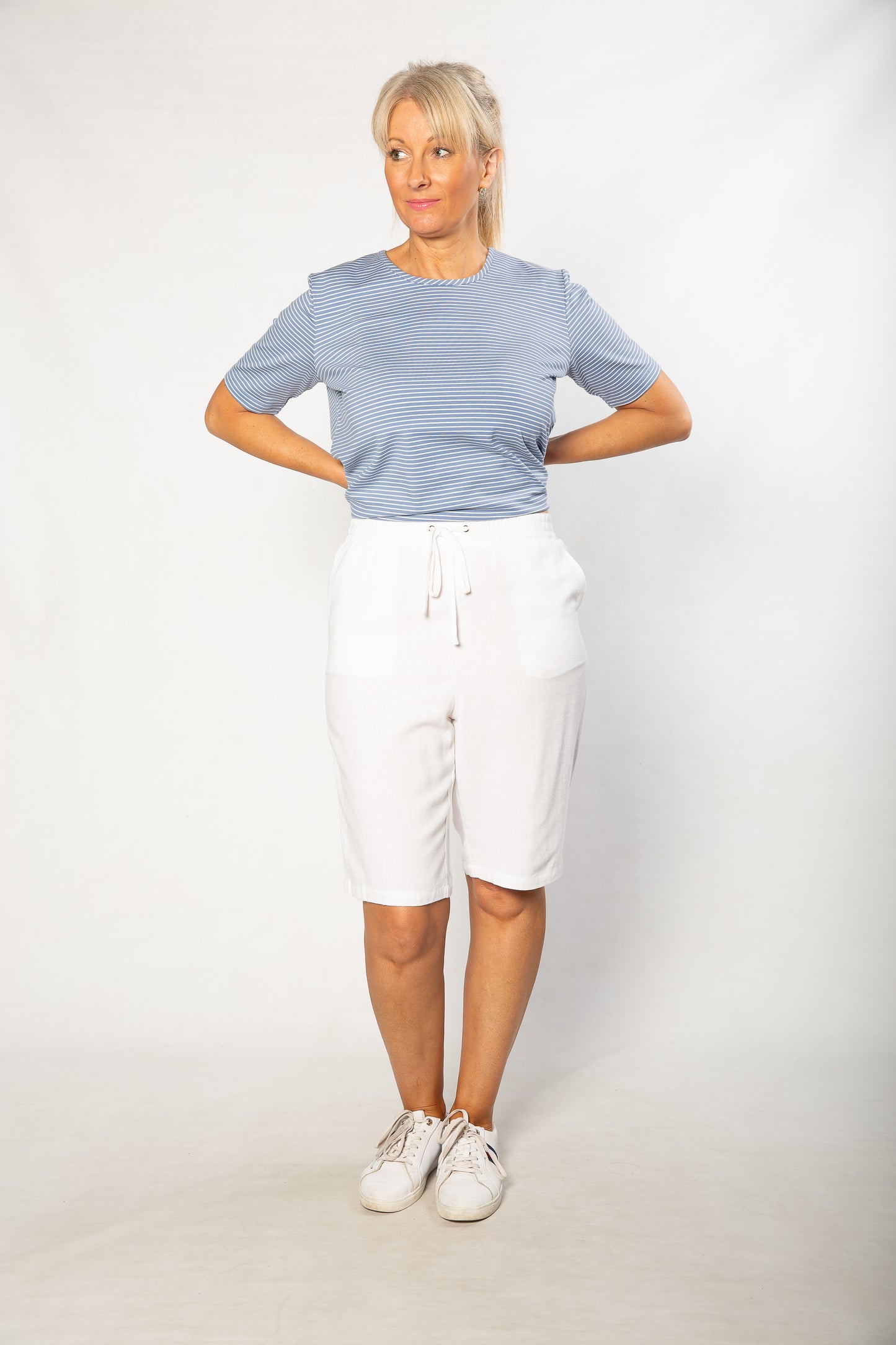 Relaxed Fit Linen Blend Pull on knee length shorts #6080 White