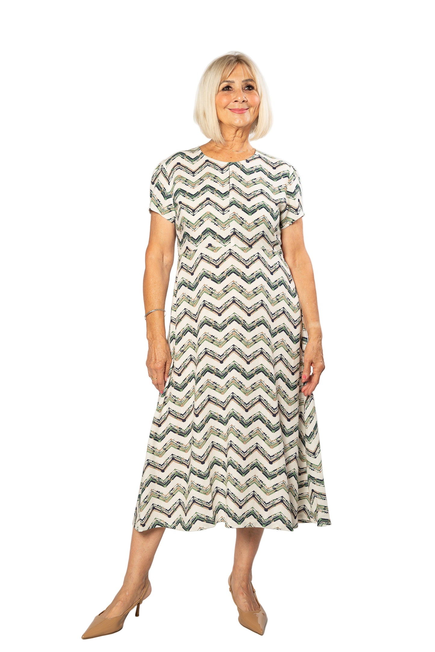 Cotton blend Key-hole zig zag print Dress with short sleeve 7250 Green