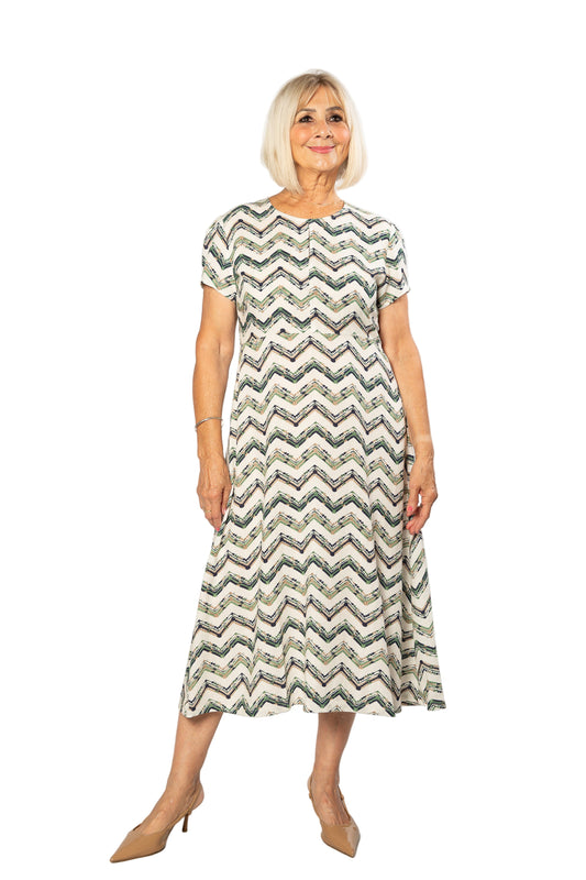 Cotton blend Key-hole zig zag print  Dress with short sleeve 7250 Green