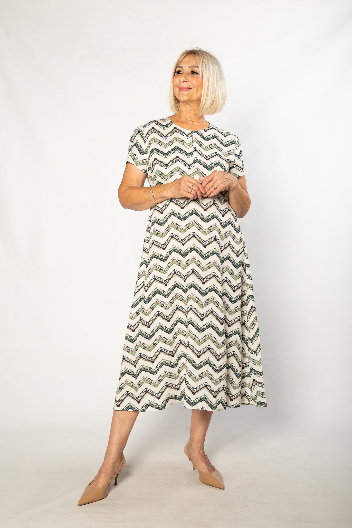 Cotton blend Key-hole zig zag print Dress with short sleeve 7250 Green